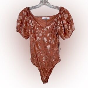 Melograno Rico Floral Velvet Burnout Bodysuit Terracotta Puff Sleeve Small